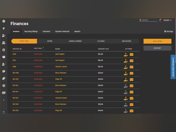 Dark-themed Kicksite finances dashboard showing past due invoices with names, dates, and amounts owed.