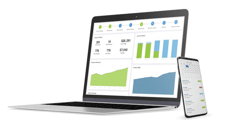  Laptop and smartphone displaying Teachworks dashboard with statistics, revenue charts, payment graphs, and mobile calendar scheduling interface.