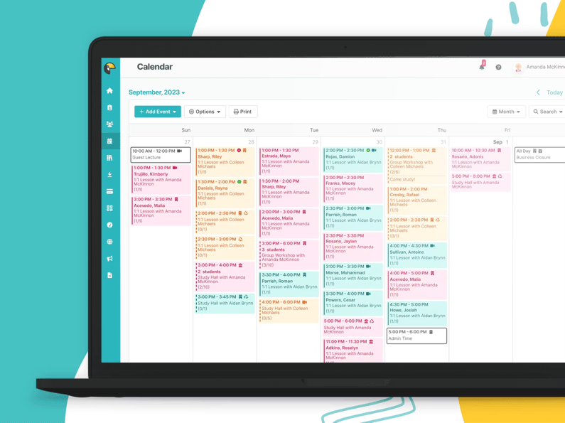 TutorBird calendar interface showing weekly view with color-coded tutoring sessions, workshops, and study halls across multiple days.