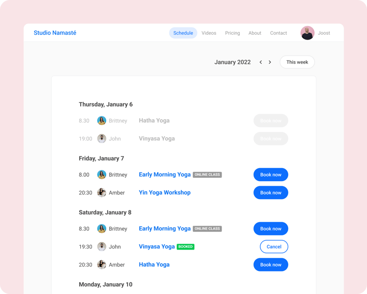 Momoyoga scheduling interface showing weekly yoga classes with instructor names, times, online class tags, and booking buttons.