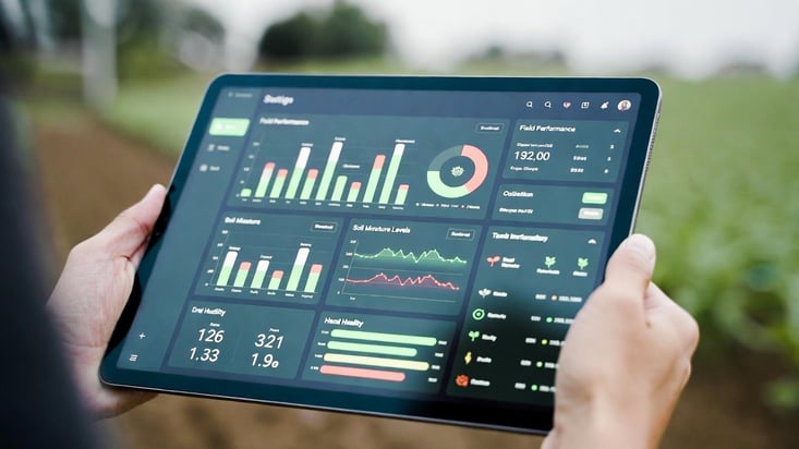 Hands holding a tablet displaying real-time crop monitoring and field performance data on a modern dashboard.