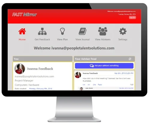 Computer monitor displaying Fast Mirror HR software dashboard with user profile and adviser feed interface.
