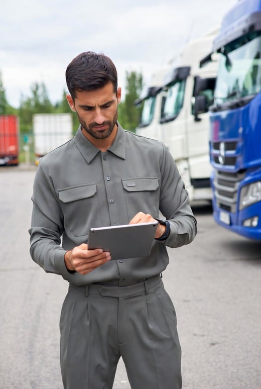 Transportation manager using a tablet to track fleet operations.