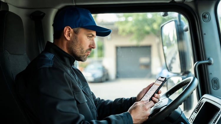 Professional truck driver using a smartphone to complete a digital inspection checklist before departing a depot.