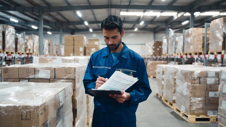 Warehouse worker reviewing paper forms on a clipboard next to stacked shipping pallets.
