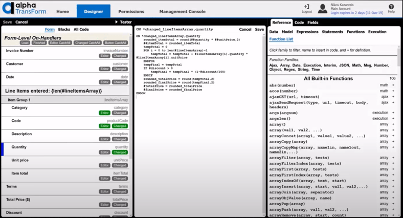 Alpha TransForm interface showing form builder.