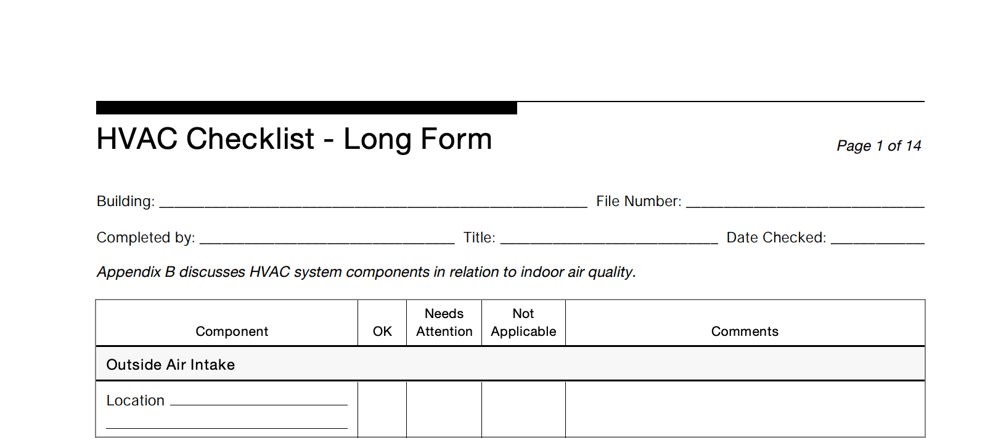 Page one of the EPA's 14-page long form HVAC checklist with fields for building info and components.