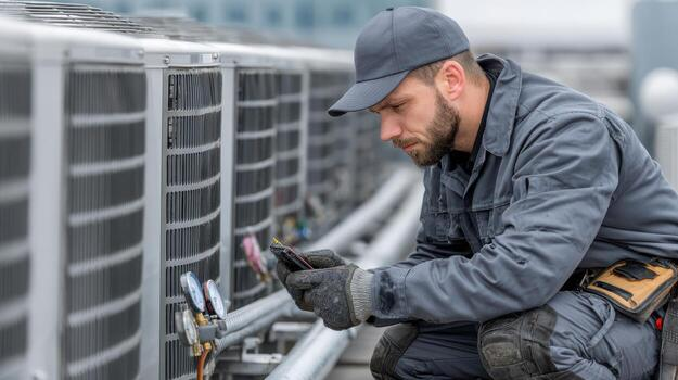 HVAC technician in gray uniform inspecting commercial air conditioning units on a rooftop with gauges.