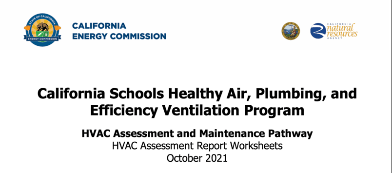 Página de título da Comissão de Energia da Califórnia para as planilhas do Programa de Ar Saudável, Encanamento e Ventilação Eficiente das Escolas.