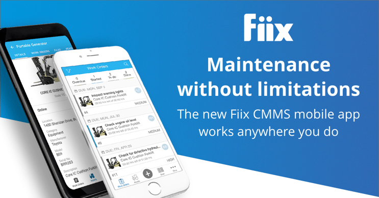 Fiix CMMS promotional banner showing mobile app work order and asset detail screens on two smartphones.