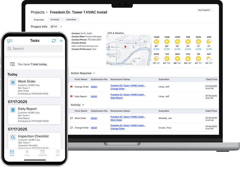 GoCanvas interface on a laptop and a smartphone, showing HVAC project details.