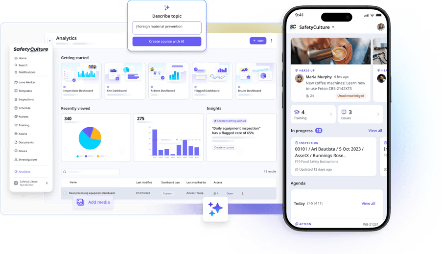 SafetyCulture platform showing analytics dashboards on desktop and mobile with inspections, insights, and notifications.