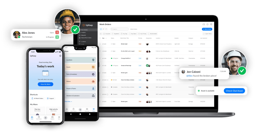 The UpKeep platform displayed on a laptop and smartphones.
