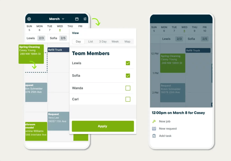 Jobber mobile app showing weekly calendar scheduling, team member filtering, and job assignment views.
