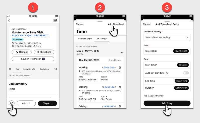 Three mobile screens showing ServiceTitan's job details, timesheet tracking, and timesheet entry workflow.