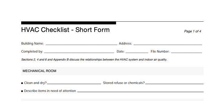 Page one of the EPA HVAC Checklist Short Form showing blank fields for building info and mechanical room inspection.