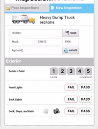 Mobile inspection app showing a heavy dump truck exterior checklist with pass/fail ratings.