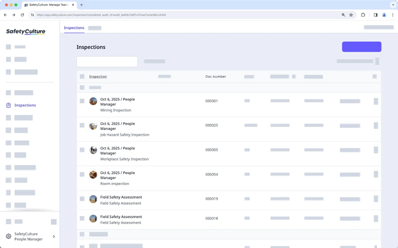 SafetyCulture web app showing an inspection list.