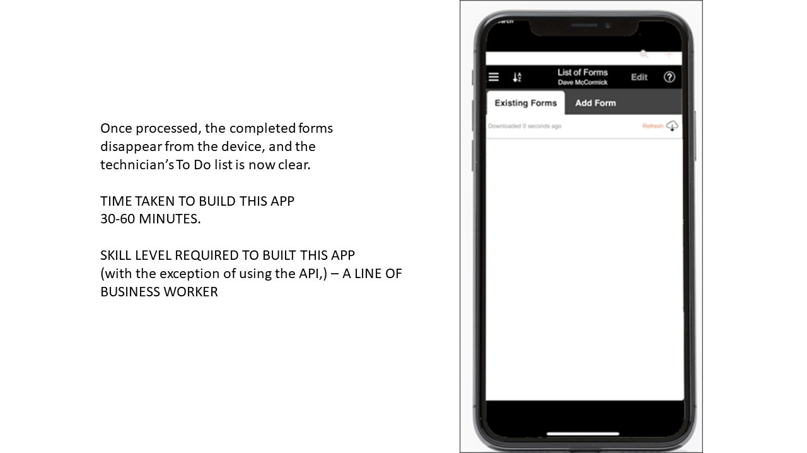 Smartphone displaying an empty "List of Forms" screen beside text about app build time and skill level.