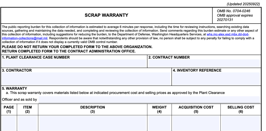 U.S. Department of Defense DD Form 1639 Scrap Warranty with fields for contractor, inventory, and cost details.
