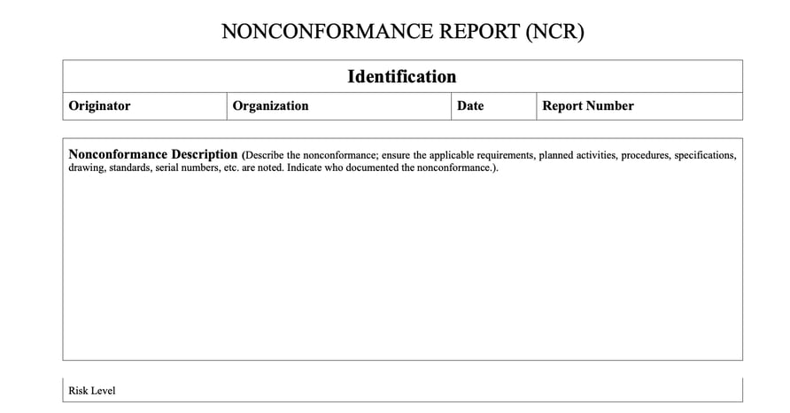 A blank Nonconformance Report template showing identification fields, description section, and risk level.