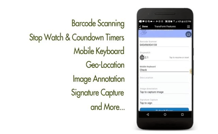 Mobile phone displaying Alpha TransForm features, including barcode scanning, stopwatch, geo-location, and signature capture.