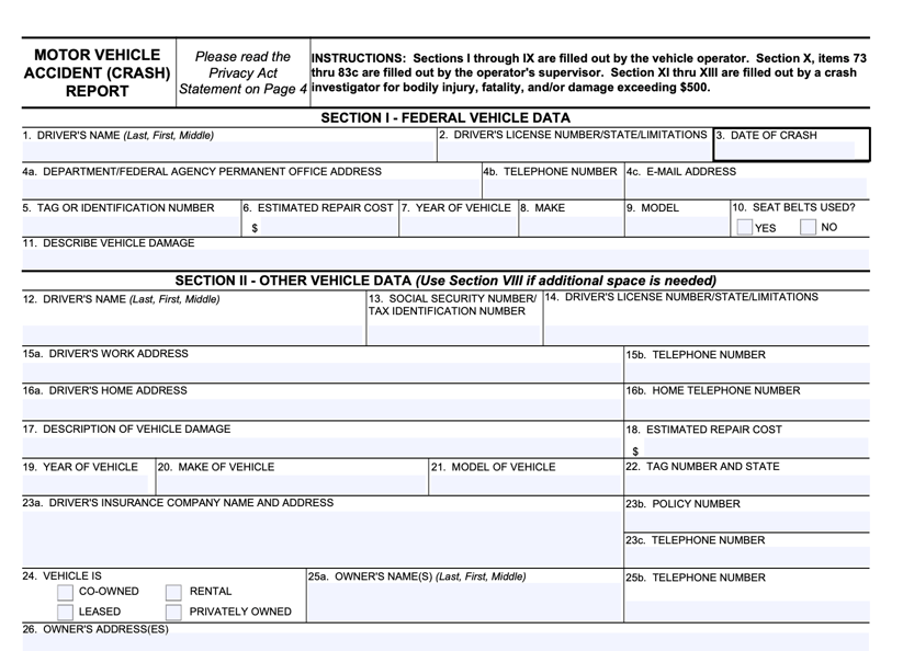 A blank Motor Vehicle Accident (Crash) Report form with sections for federal vehicle and driver data.