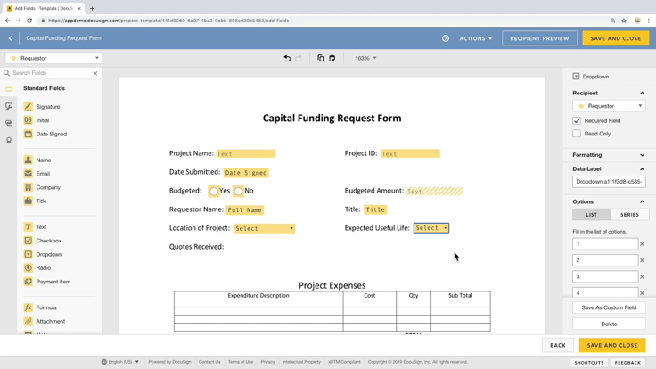 DocuSign template editor showing a Capital Funding Request Form with editable fields for project details, budget, and expenses.