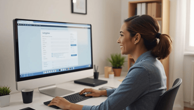 Smiling woman working at a desktop computer building forms in a home office setting