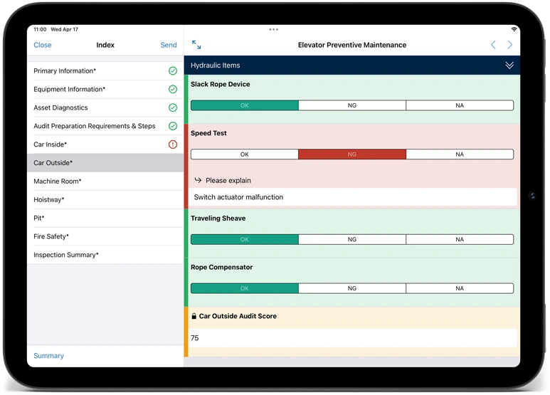 TrueContext mobile app on tablet showing elevator preventive maintenance form.
