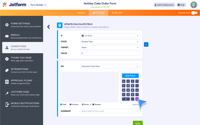 Jotform Form Builder conditions panel showing calculation setup for a holiday cake order form