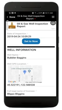 Mobile phone screenshot displaying an Alpha TransForm well inspection report interface