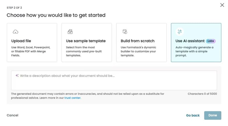 Formstack setup screen showing options to upload a file, use a sample template, build from scratch, or generate a template with the AI assistant.