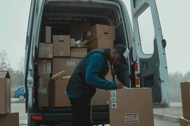 Delivery worker wearing a blue jacket filling out a report on a clipboard, representing recording and reporting non-conformance issues in logistics or delivery.