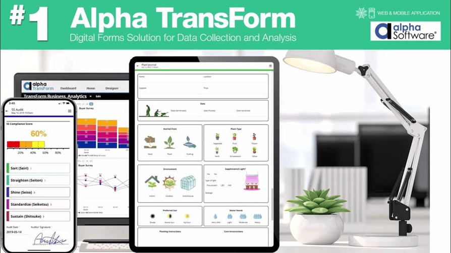 Alpha TransForm promotional graphic showing its digital forms solution for data collection and analysis on a smartphone, tablet, and laptop screen with the Alpha Software logo.