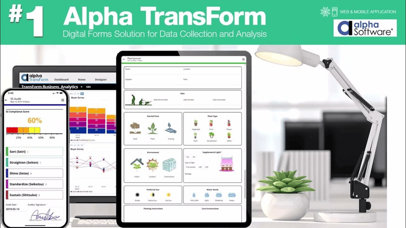 Alpha TransForm promotional graphic showing its digital forms solution for data collection and analysis on a smartphone, tablet, and laptop screen with the Alpha Software logo.