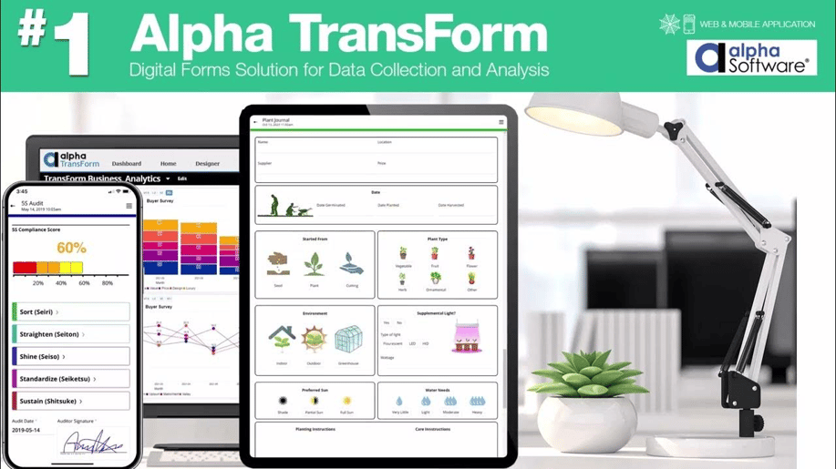 Alpha TransForm promotional graphic showing its digital forms solution for data collection and analysis on a smartphone, tablet, and laptop screen with the Alpha Software logo.