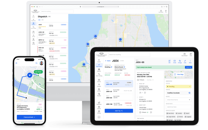 Moovs’ dispatch and trip management software displayed across smartphone, desktop, and tablet screens.