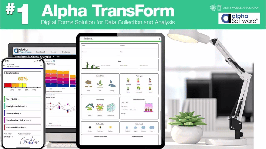 Alpha TransForm promotional graphic showing its digital forms solution for data collection and analysis on a smartphone, tablet, and laptop screen with the Alpha Software logo.