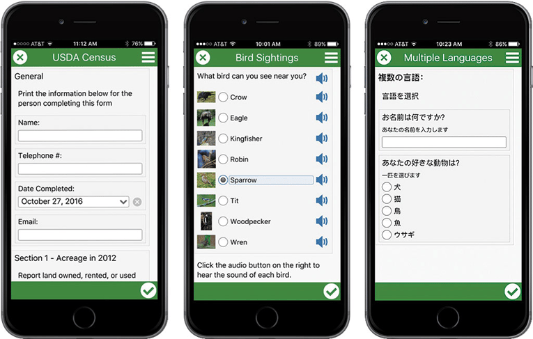 ArcGIS Survey123  on three smartphones displaying different mobile data collection forms.