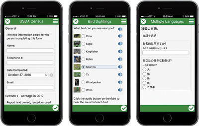 ArcGIS Survey123 on three smartphones displaying different mobile data collection forms.