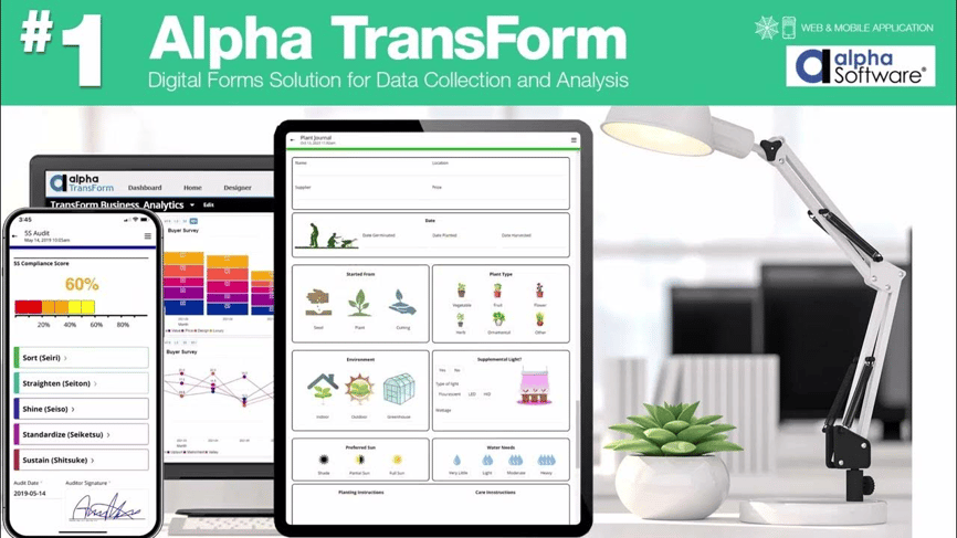Alpha TransForm promotional graphic showing its digital forms solution for data collection and analysis on a smartphone, tablet, and laptop screen with the Alpha Software logo.