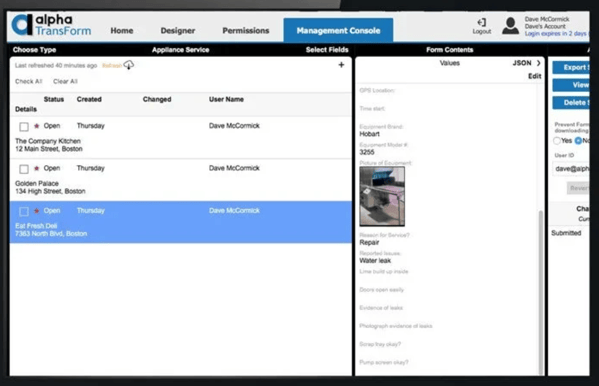 Screenshot of Alpha TransForm management console displaying a list of open service reports with details such as location, user name, equipment information, reported issues, and photos, illustrating digital management of dispatch tasks.