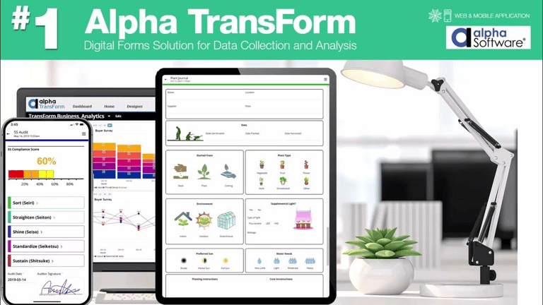 Alpha TransForm promotional graphic showing its digital forms solution for data collection and analysis on a smartphone, tablet, and laptop screen with the Alpha Software logo.