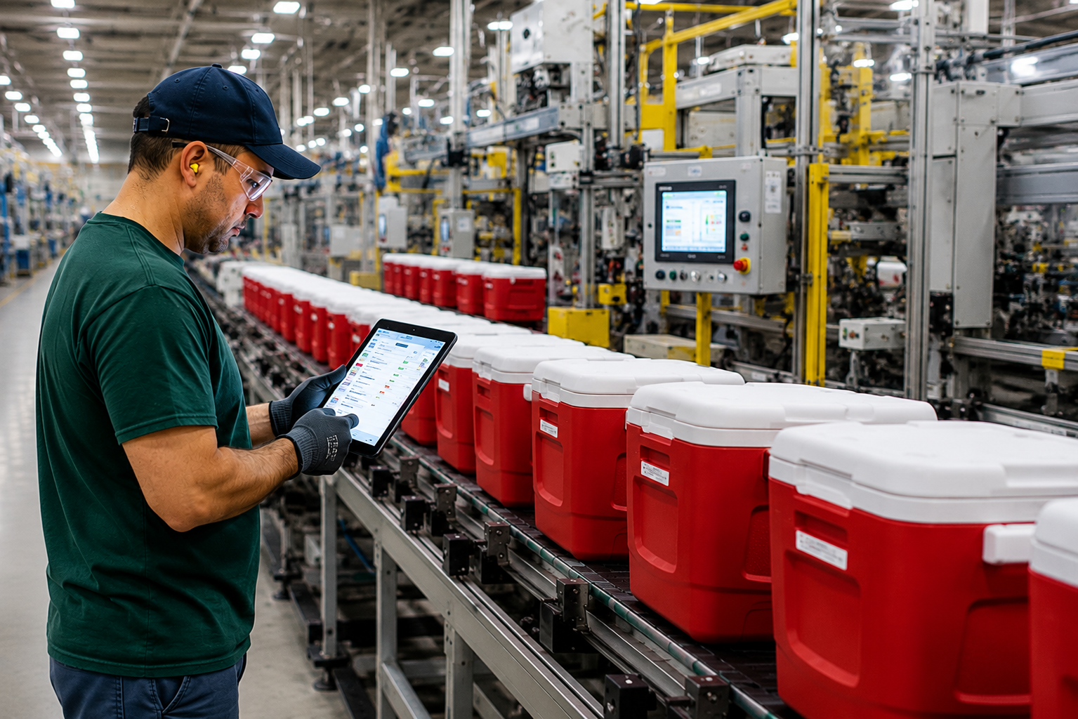 Manufacturing worker using a tablet beside a production line