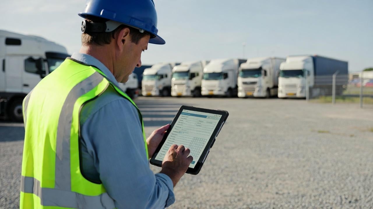 Fleet manager using a tablet to complete a digital vehicle inspection log template at a commercial truck depot.