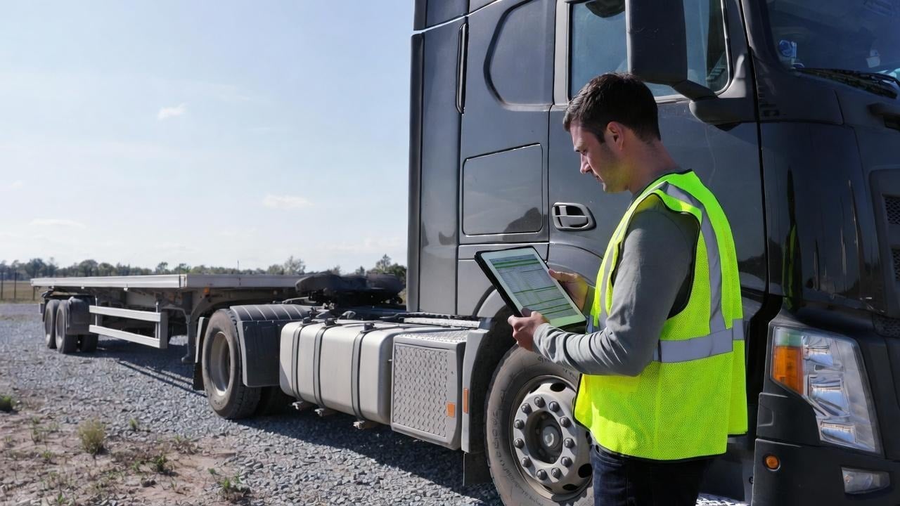 Fleet manager reviewing a truck driver safety checklist on a tablet beside a parked commercial truck.