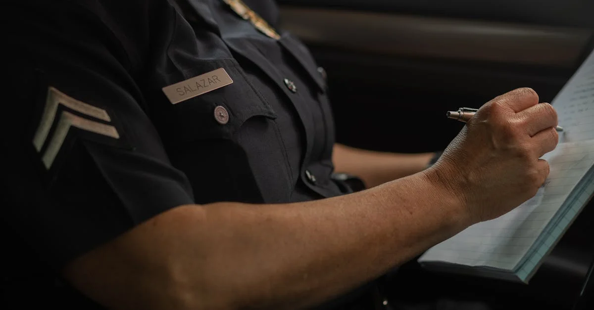 Police officer taking notes on a book