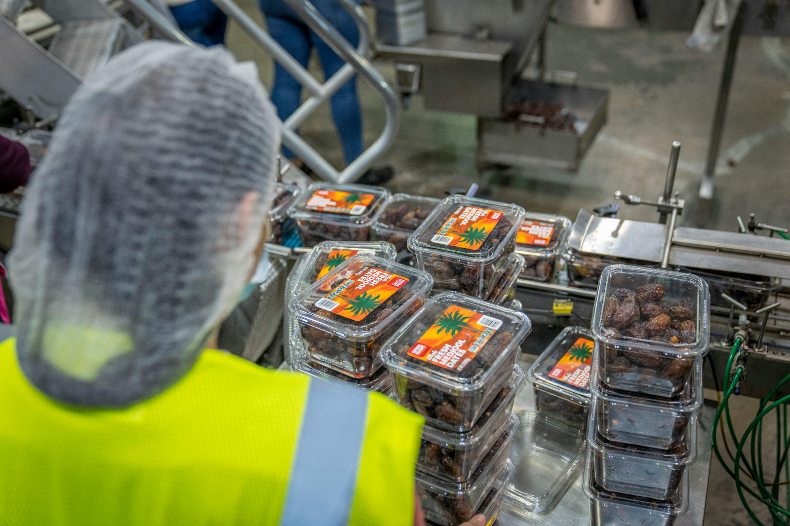 Worker in a hairnet and high-visibility vest inspecting packaged dates on a production line