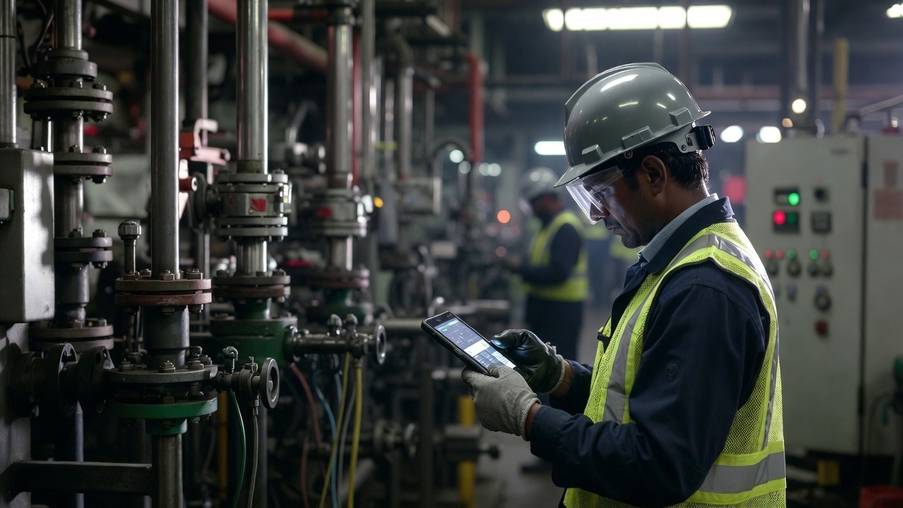 Manufacturing plant supervisor using a mobile device to log production downtime on the production floor.